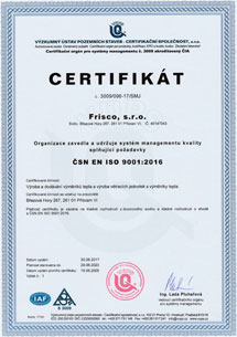Certifikát ČSN EN ISO 9001:2016
